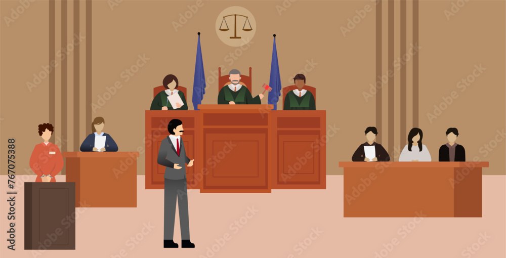 Ταπετσαρία lawyer talking to magistrate in court, trial of law vector illustration, Court o