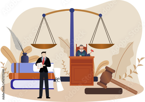 law and justice concept flat illustration, trial of law, services of a lawyer