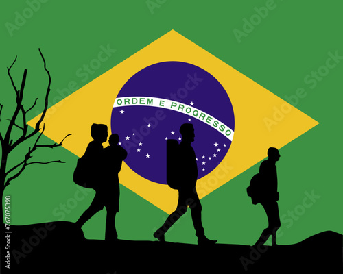 Immigration and refugees front of Brazil flag, immigrant and refugee concept