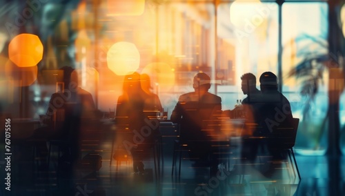 A blurred background of business people in a office meeting room, sitting around the table and discussing ideas. The focus is on their silhouettes against the glass wall behind them