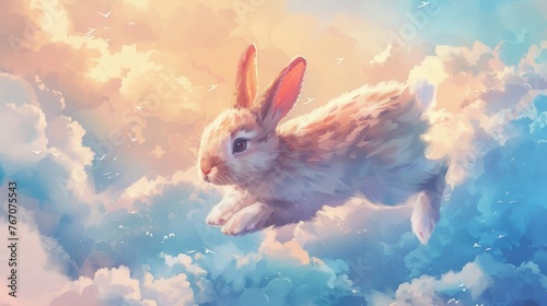 Watercolor painting of a rabbit jumping on an abstract cloud. Rabbits are herbivores only. They like to jump, run around, dig in the ground, and lie down with their legs stretched out.