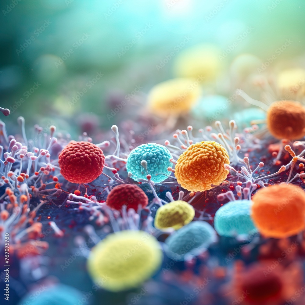 Macro shot of different types of microbes. Virus cells and bacteria on abstract background - obrazy, fototapety, plakaty 