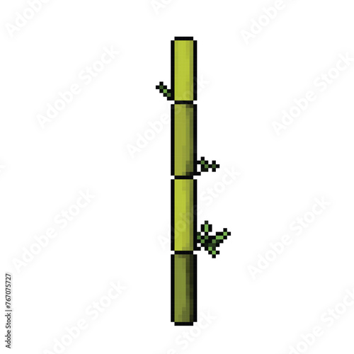 Green bamboo branch with leaves. Pixel art retro vintage video game bit vector illustration. Simple flat drawing isolated on square white background.