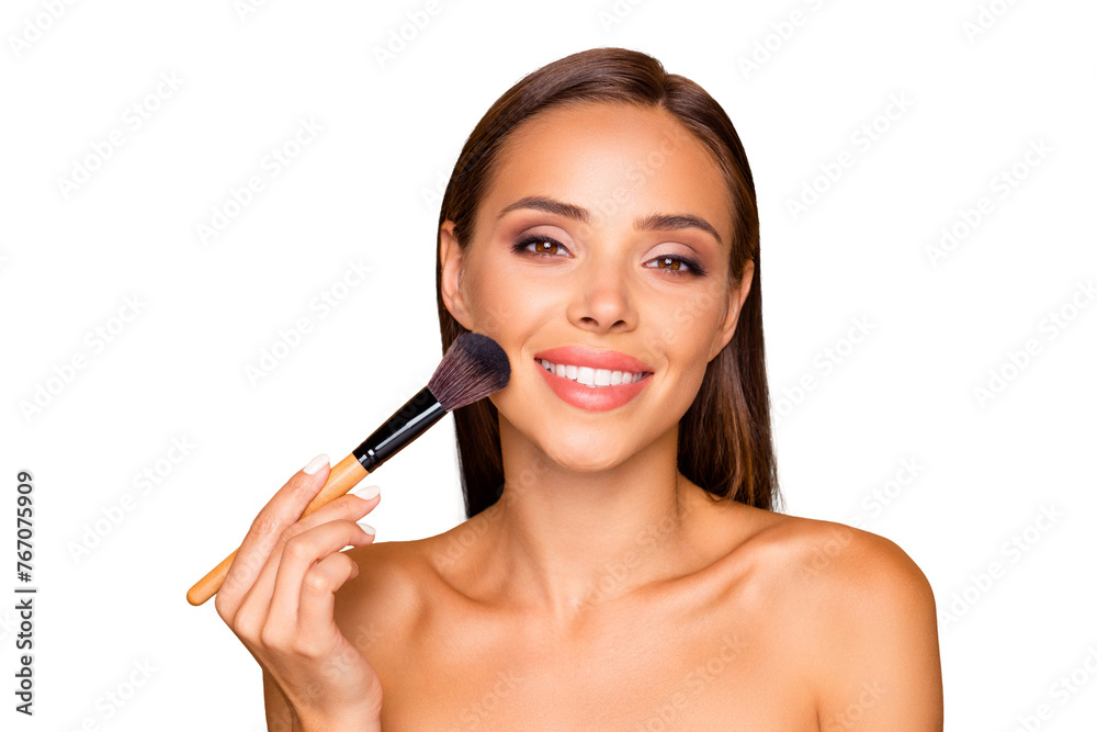 Portrait of nice careless carefree dreamy sweet brown-haired lady with her hollywood teeth toothy smile naked shoulders she look at mirror or camera hold brush isolated on pastel beige background Portrait of nice careless carefree dreamy sweet brown-haired lady with her hollywood teeth toothy smile naked shoulders she look at mirror or camera hold brush isolated on pastel beige background