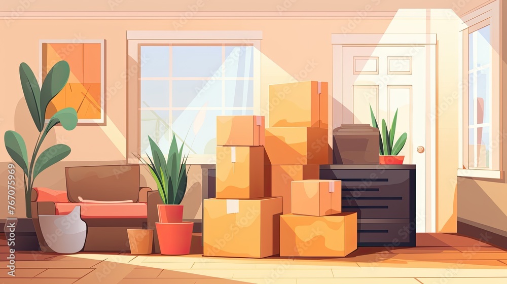 Cardboard boxes and potted plants in room Cardboard boxes and potted plants in room