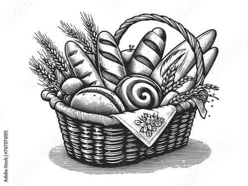 basket bread bakery products and wheat stalks, symbolizing abundance and homemade quality sketch engraving generative ai vector illustration. Scratch board imitation. Black and white image.