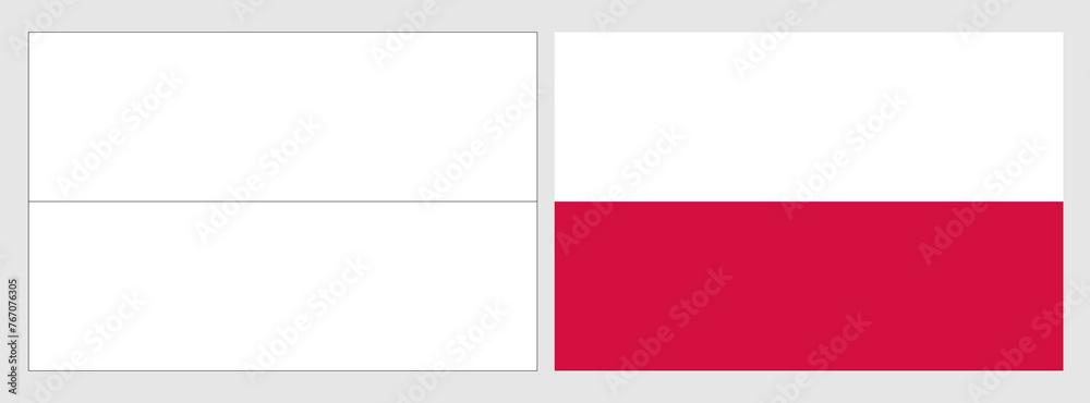 Poland flag - coloring page. Set of white wireframe thin black outline flag and original colored flag.