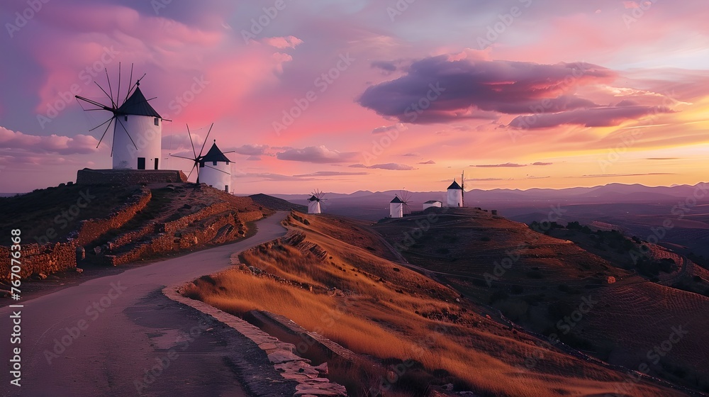 Idyllic sunset landscape with historic windmills on a hill. Travel and nature concept with a pastel sky. Scenic outdoor view perfect for postcards and wallpapers. AI