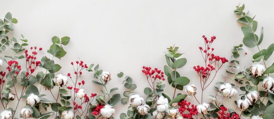 Arrangement of flowers with a border formed by new eucalyptus branches and cotton blooms. Overhead view with space for text.