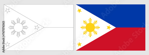 Philippines flag - coloring page. Set of white wireframe thin black outline flag and original colored flag.