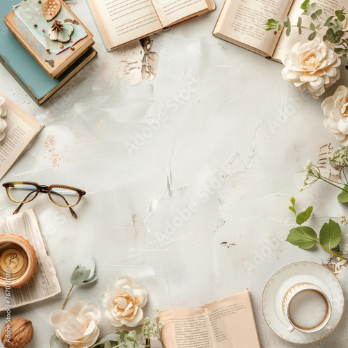 Frame design for book festival. Various old books in classic vintage style with coffee, tea cup, yarn and handcraft decorations on a plain beige background with blank space for text at the center.