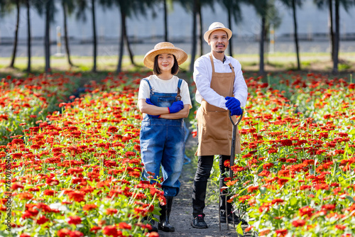 Portrait of Asian gardener team working in the farm holding garden fork among red zinnia field for cut flower business with copy space