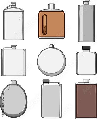 flask alcohol set cartoon. glass drink, hip bottle, metal vodka flask alcohol sign. isolated symbol vector illustration