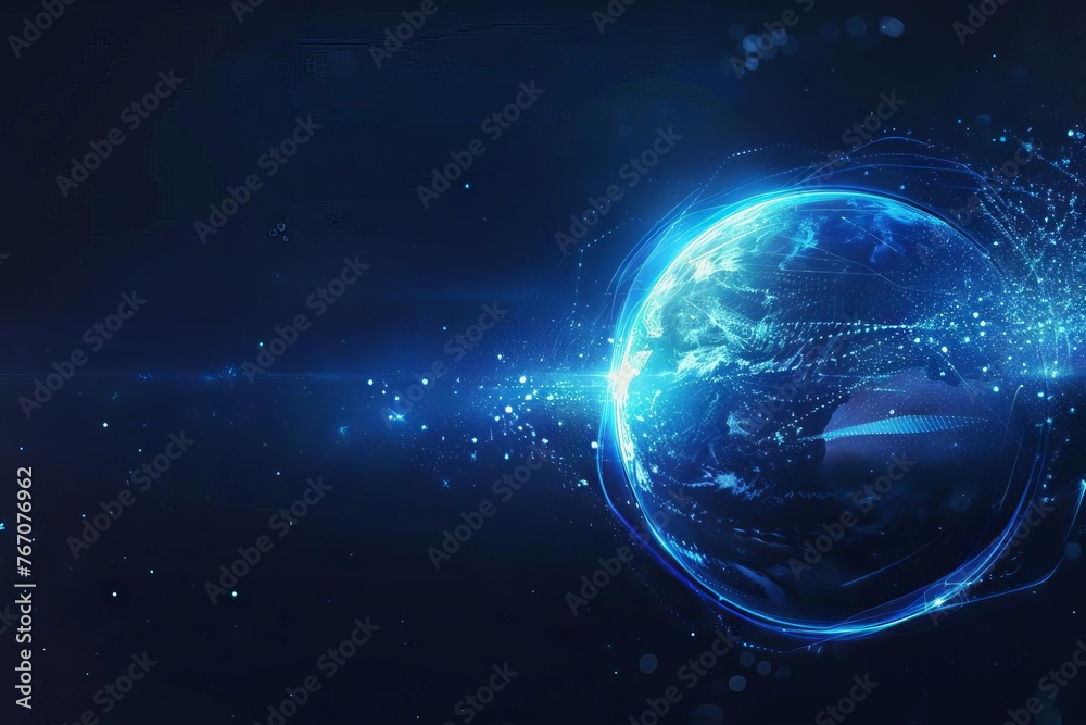 Blue Earth with glowing geometric technology lines, digital art illustration Blue Earth with glowing geometric technology lines, digital art illustration