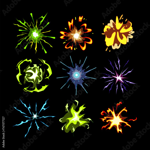 impact vfx set cartoon. energy thunder, light lightning, power electric impact vfx sign. isolated symbol vector illustration