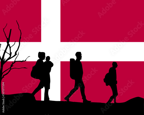 Immigration and refugees front of Denmark flag, immigrant and refugee concept
