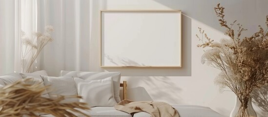 Blank landscape frame mockup on a white wall surrounded by furniture and a dried gypsophila plant for decor. The interior has a minimalistic design with an artwork mockup.