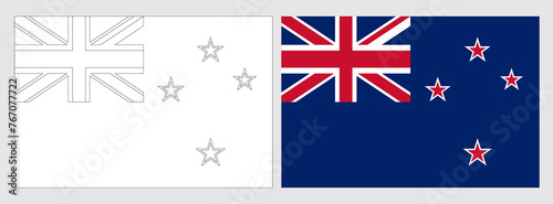 New Zealand flag - coloring page. Set of white wireframe thin black outline flag and original colored flag.