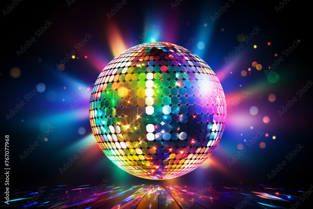 Obraz premium A dazzling disco ball hangs above a dark dance floor, casting colorful reflections of light