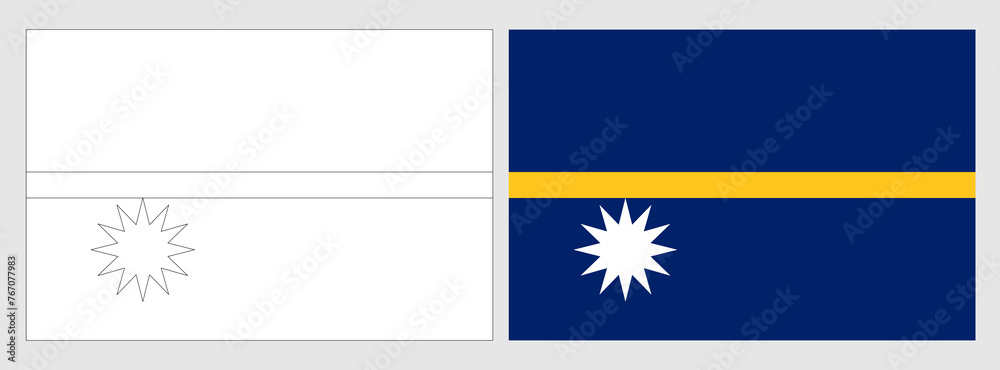 Nauru flag - coloring page. Set of white wireframe thin black outline flag and original colored flag. Nauru flag - coloring page. Set of white wireframe thin black outline flag and original colored flag.