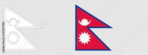 Nepal flag - coloring page. Set of white wireframe thin black outline flag and original colored flag.