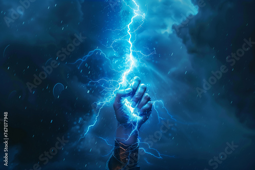 Symbolic Power Hand Holding Up Lightning Bolt with Stormy Background, Blue Glow, and Associations with Energy, Power, and Mythological Figures like Zeus and Thor