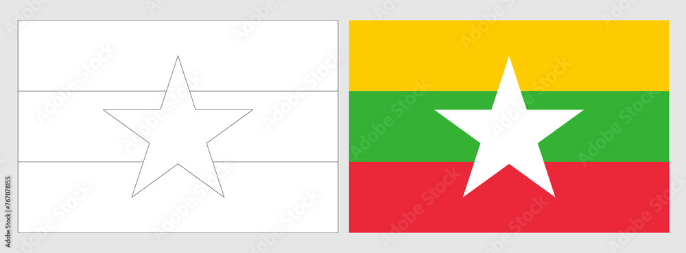 Myanmar flag - coloring page. Set of white wireframe thin black outline flag and original colored flag. Myanmar flag - coloring page. Set of white wireframe thin black outline flag and original colored flag.