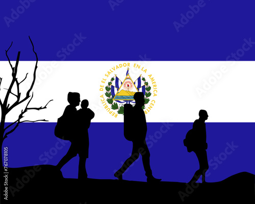 Immigration and refugees front of El Salvador flag, immigrant and refugee concept