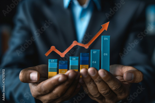 Business Growth and Investment Businessman Holding Up Arrow Icon and Percentage with Graph Indicators for Interest Rate and Dividend, Reflecting Investment Growth, Financial Income, Marketing Strateg