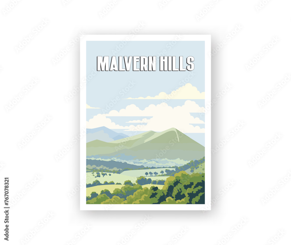 Malvern Hills Illustration Art. Travel Poster Wall Art. Minimalist Vector art