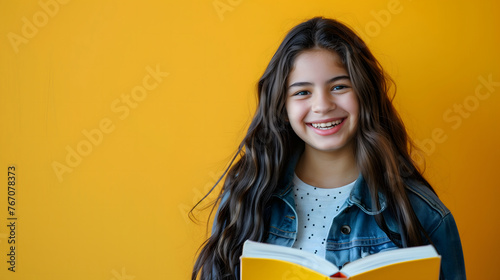 A happy and smiling Latino girl is holding a yellow book on a plain yellow background with copy-space for text. photo