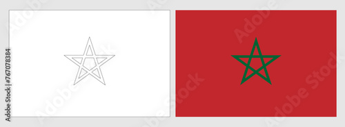 Morocco flag - coloring page. Set of white wireframe thin black outline flag and original colored flag.