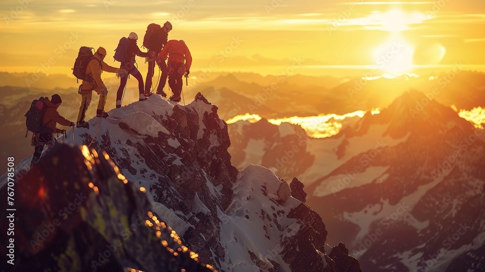 A team of mountaineers helping each other reach the top, with breathtaking mountain views and sunset in the background A team of mountaineers helping each other reach the top, with breathtaking mountain views and sunset in the background