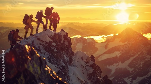 A team of mountaineers helping each other reach the top, with breathtaking mountain views and sunset in the background © Huong