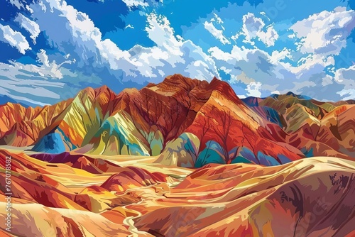 Colorful Illustration of the Stunning Zhangye Danxia Landform Geological Park in China, Digital Painting photo