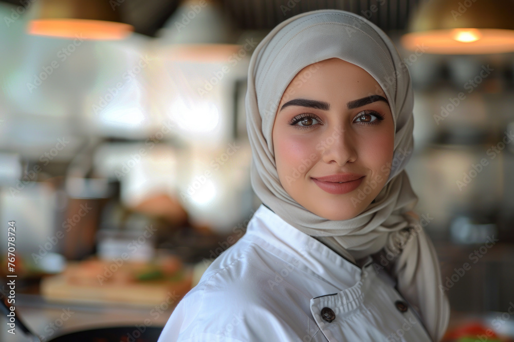 Arab woman wearing chef uniform in luxury hotel restaurant kitchen Arab woman wearing chef uniform in luxury hotel restaurant kitchen