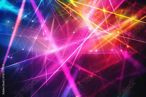 Colorful laser light show background with vivid beams and shapes, abstract illustration