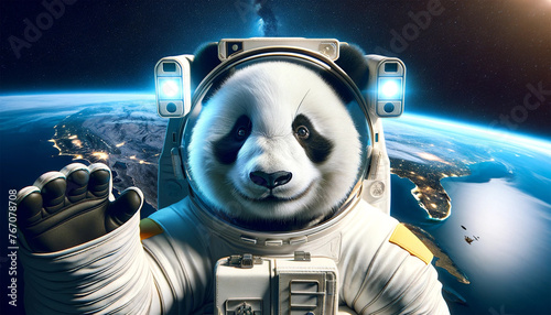 宇宙服を着て宇宙空間で手を振るパンダ