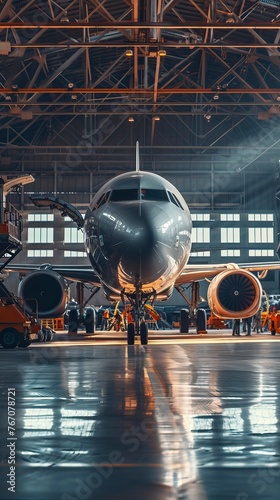 Maintenance of aircraft in hangar. Checking system and replacement of spare parts for safe flights