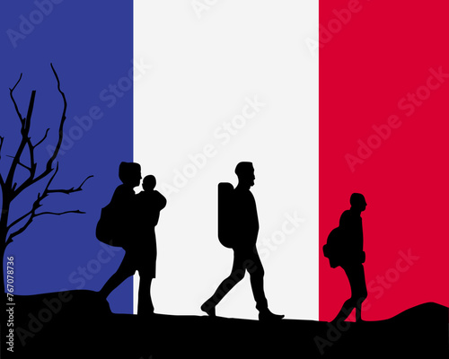 Immigration and refugees front of France flag, immigrant and refugee concept
