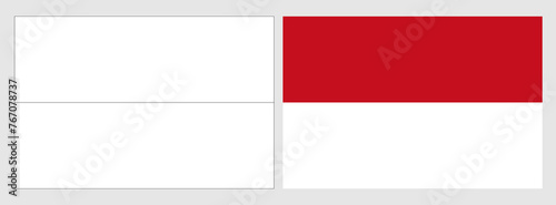 Monaco flag - coloring page. Set of white wireframe thin black outline flag and original colored flag.