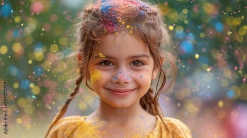 Portrait of smiling european cute little girl being showered by colored powders during holi festival  banner