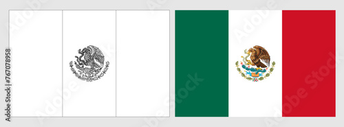 Mexico flag - coloring page. Set of white wireframe thin black outline flag and original colored flag.
