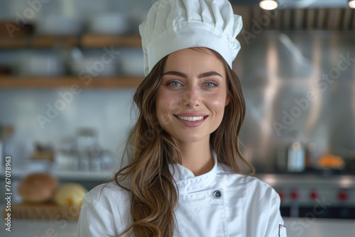 Caucasian woman wearing chef uniform in luxury hotel restaurant kitchen