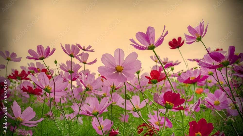 Beautiful pink red cosmos flower field against vintage color tone