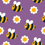 Daisy bee seamless pattern on purple background. Hand drawn flat flower and flying honeybee character illustration for textile, wrapping paper, fabric, print, wallpaper, cover. Vector