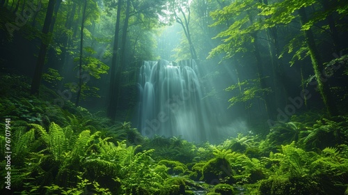 Waterfall in lush forest with trees, ferns, and green plants photo