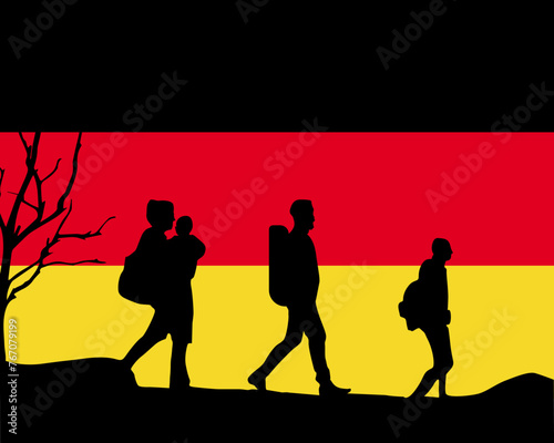 Immigration and refugees front of Germany flag, immigrant and refugee concept