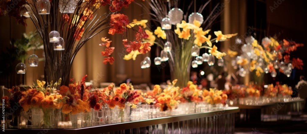 A grand table adorned with an abundance of colorful flowers and flickering candles, creating a stunning display of floral art in a building filled with skyscraper views