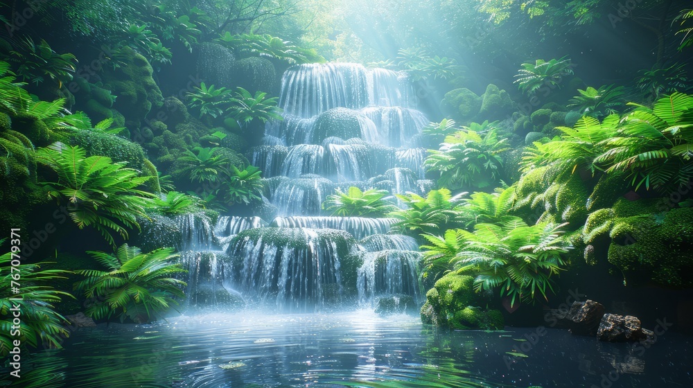 Waterfall in lush green forest surrounded by trees and ferns